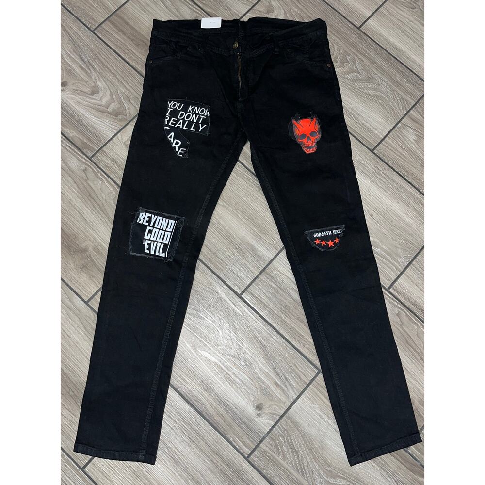 Black Jeans Mens Devil Hell Red skull Evil